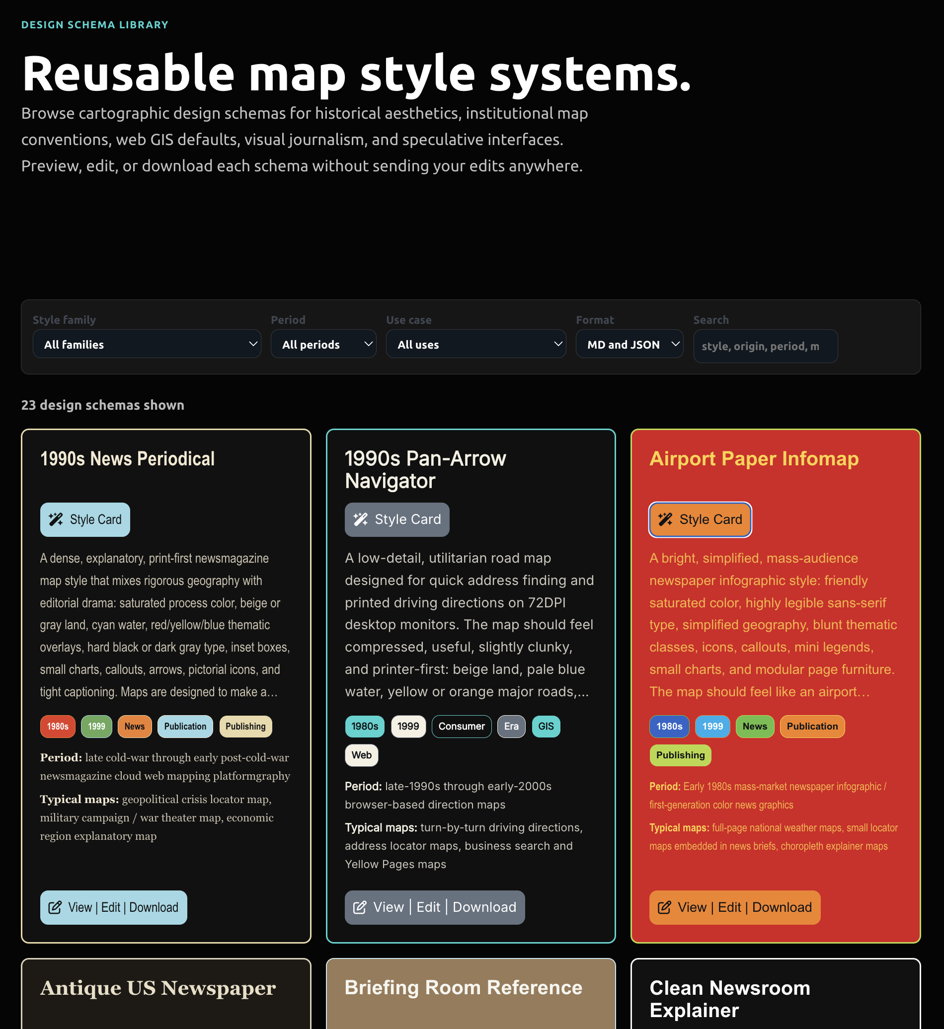 The Prompt Cartography Design Schema Library page showing filter controls and schema cards.