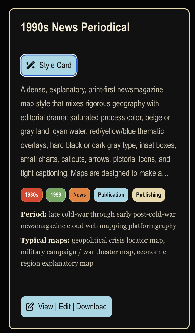 A 1990s News Periodical design schema card with tags, period, typical map uses, and action buttons.