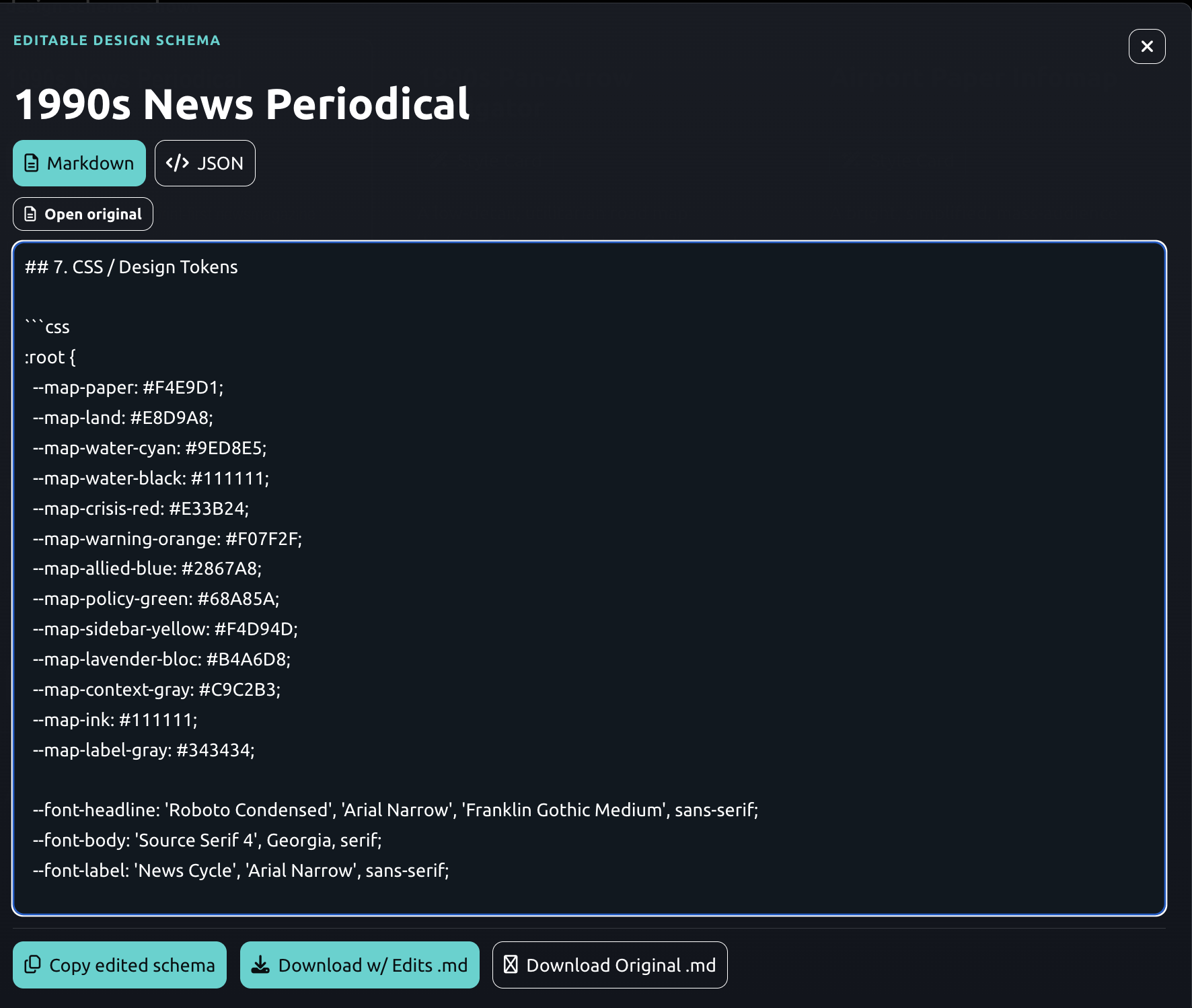 An editable design schema interface showing Markdown and JSON options.
