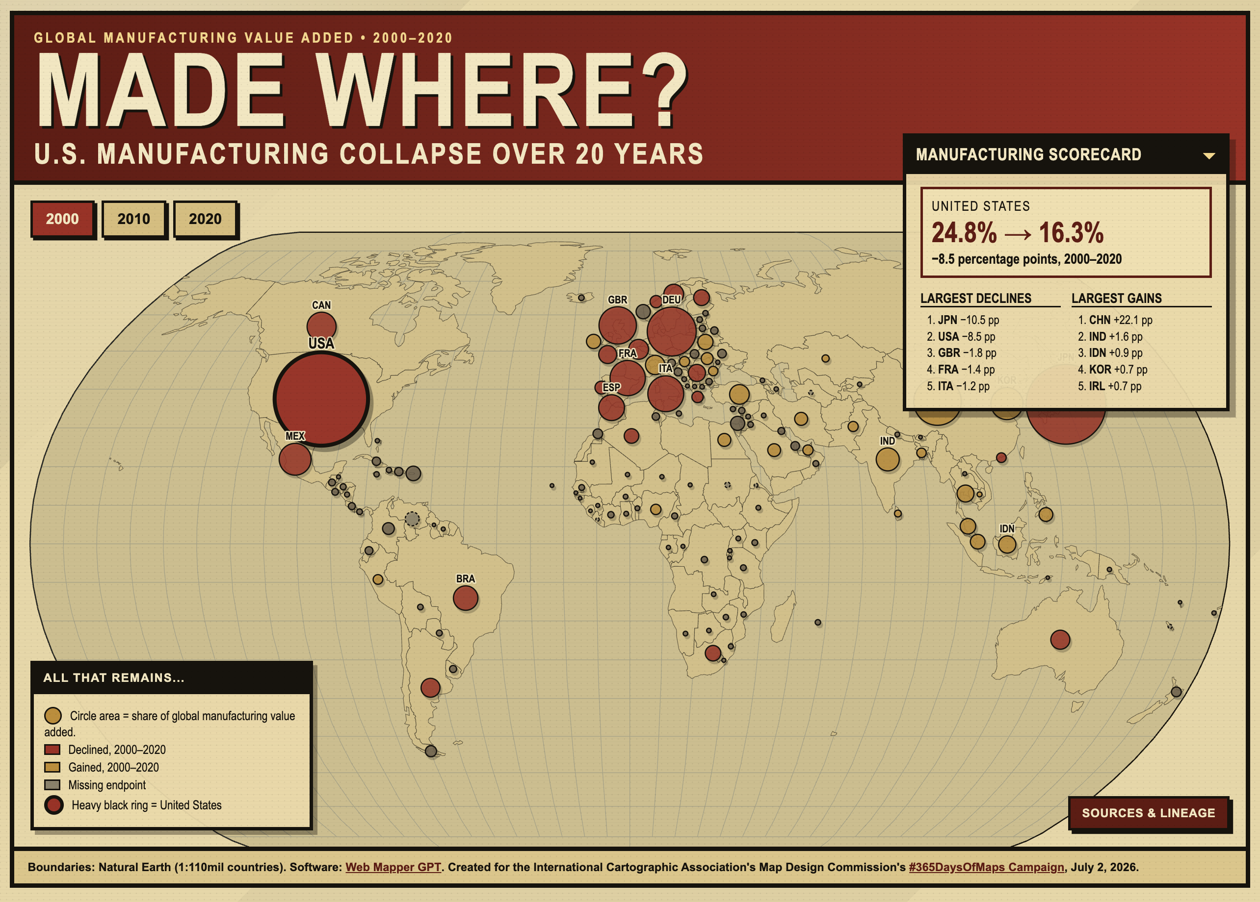 A news-inspired world manufacturing map titled Made Where?