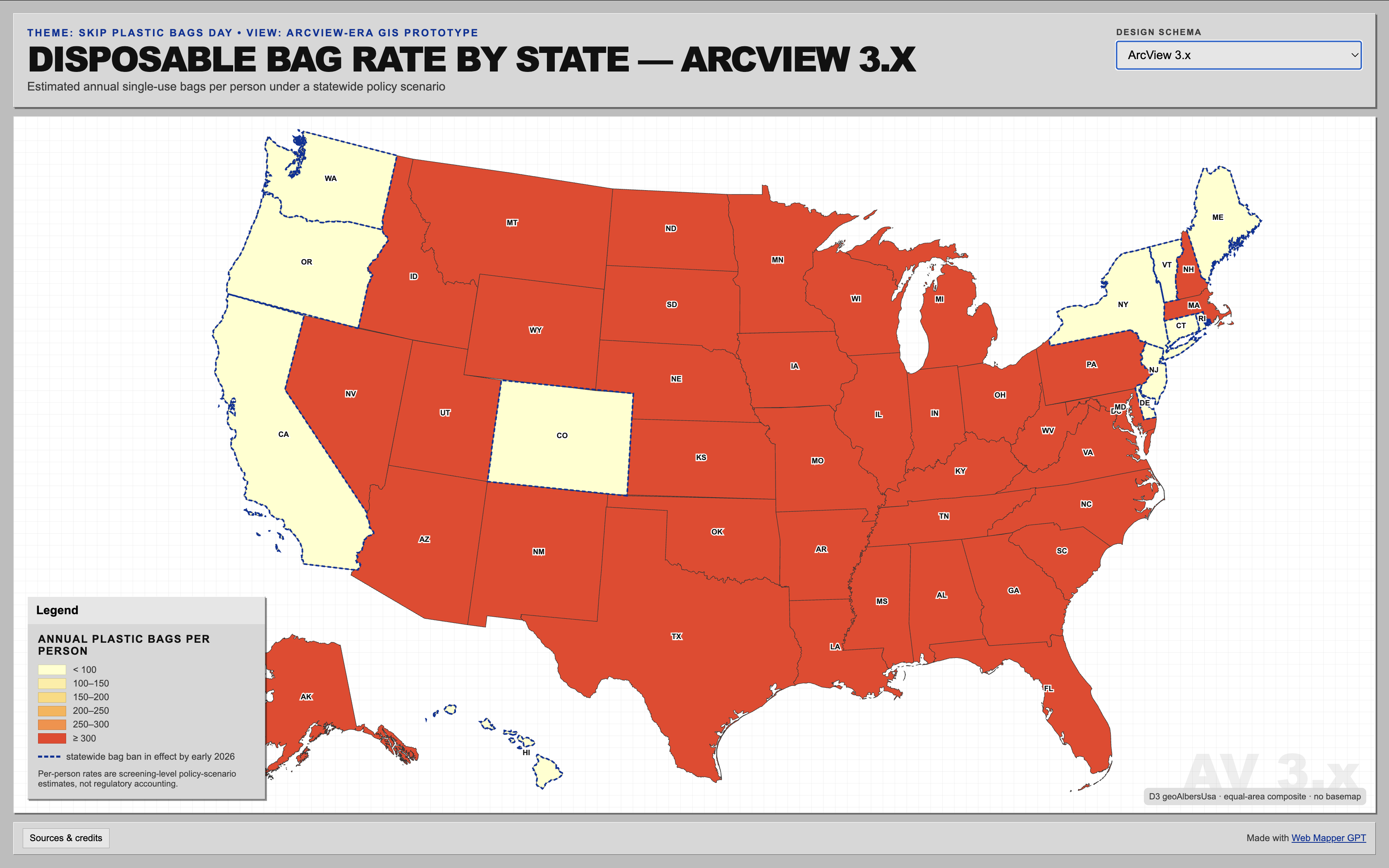 A U.S. plastic bag rate map styled after ArcView 3.x era GIS software.