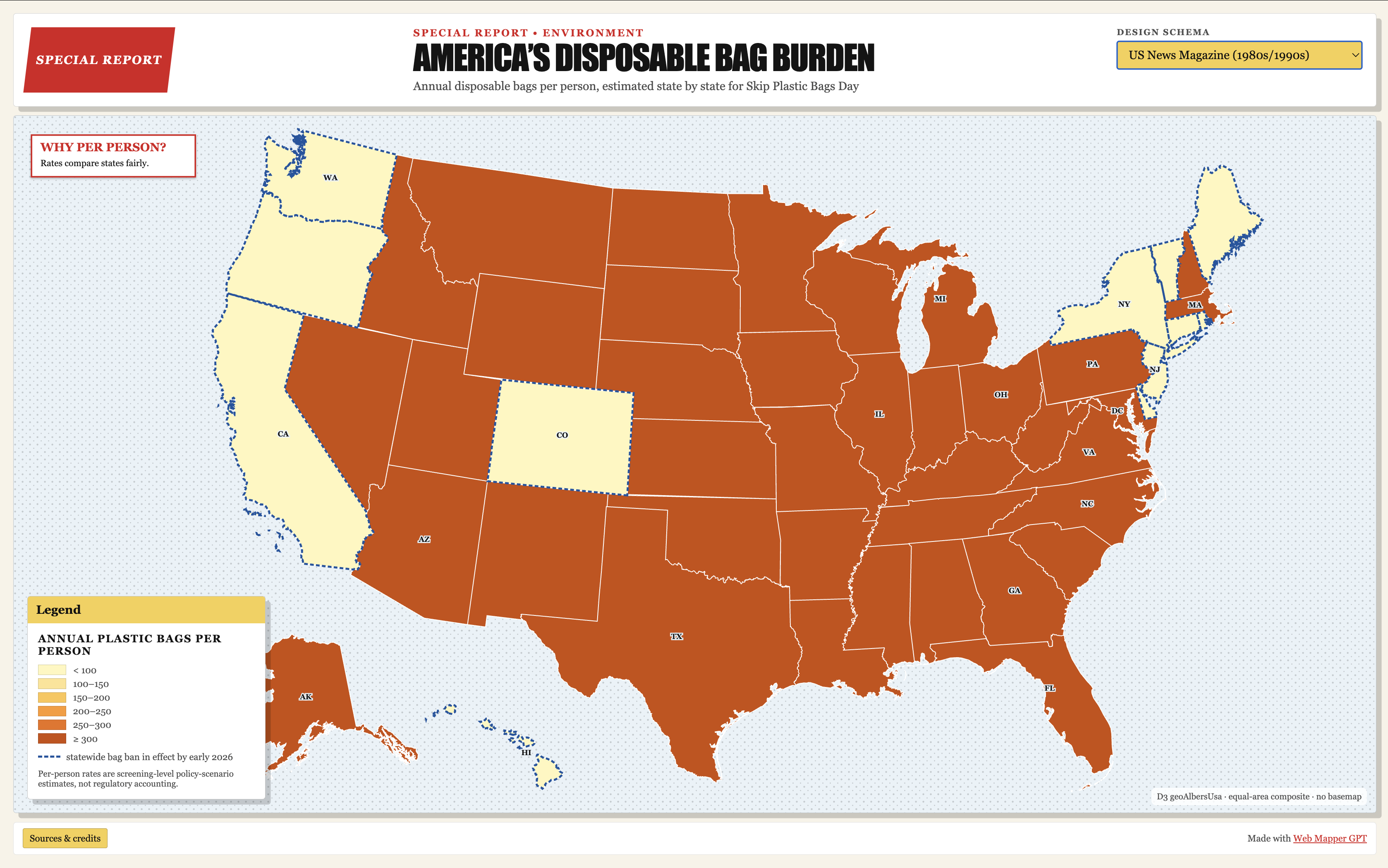 A U.S. disposable bag burden map styled as a news magazine special report.